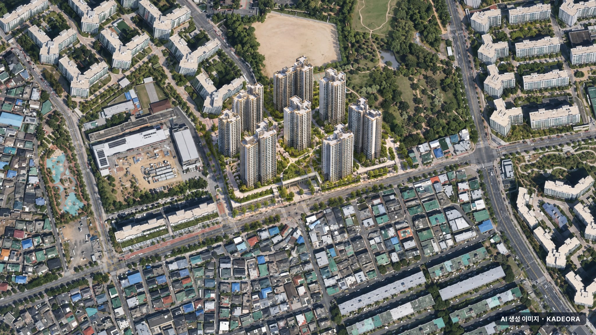 대구 신암4 재정비촉진구역 조감도 AI 상상도(주간 항공) — 대구 동구 시공사 선정 1,112세대