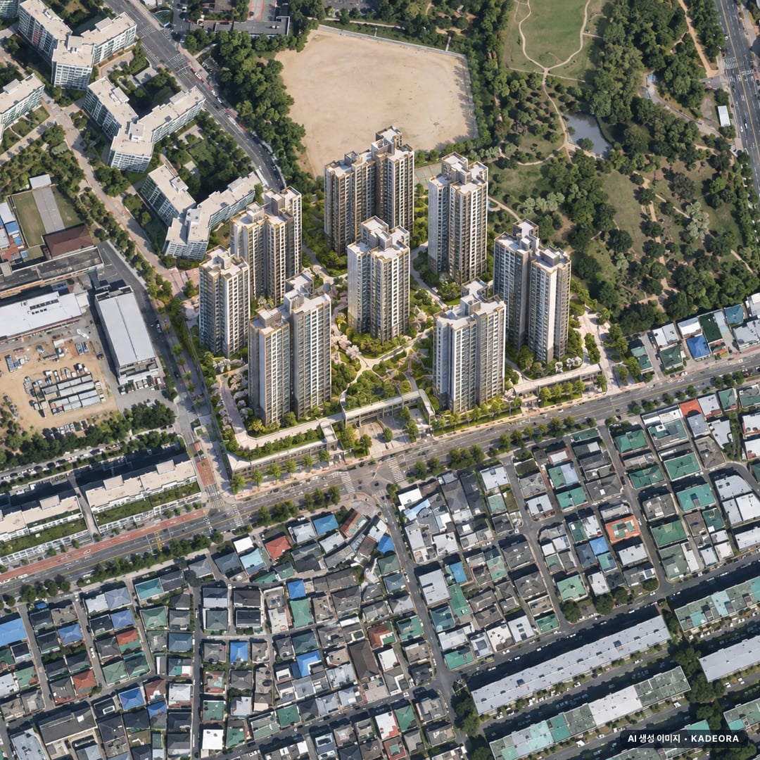 대구 신암4 재정비촉진구역 조감도 AI 상상도(주간 항공) — 대구 동구 시공사 선정 1,112세대