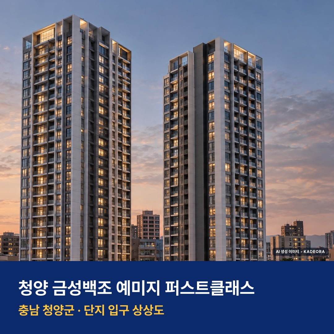 청양 금성백조 예미지 퍼스트클래스 입주 청양 금성백조 예미지 퍼스트클래스 단지 전경 AI 상상도 — 청양군 청양읍 182세대 — AI 생성 상상도 · 실제와 다를 수 있음