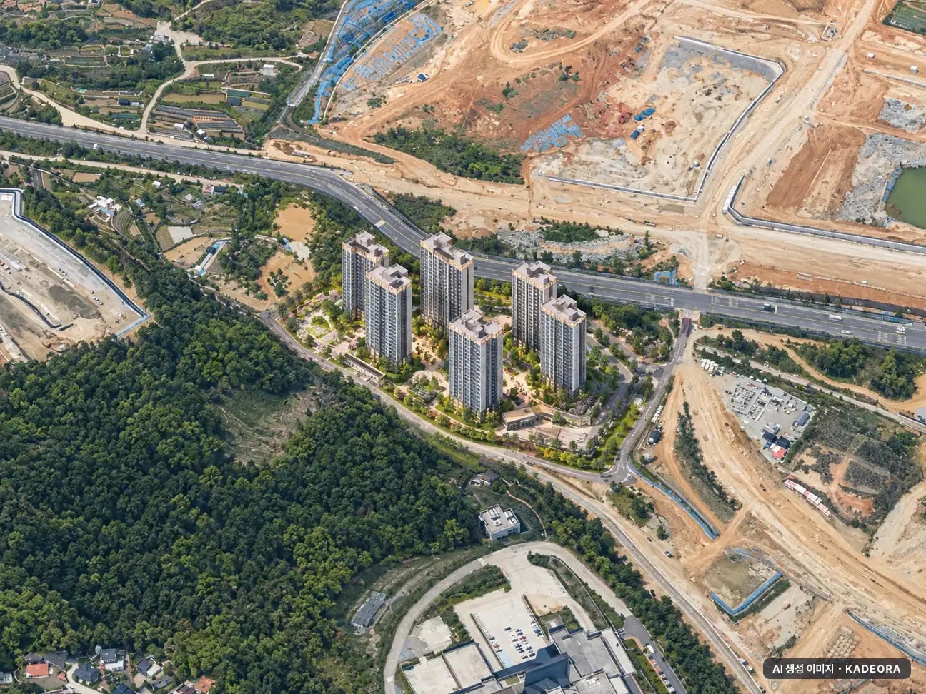 소제지구 A4BL 중흥S-클래스 우미린 7개동·최고 25층·총 584세대 기준 AI 상상도(주간 항공) — 실제와 다를 수 있음