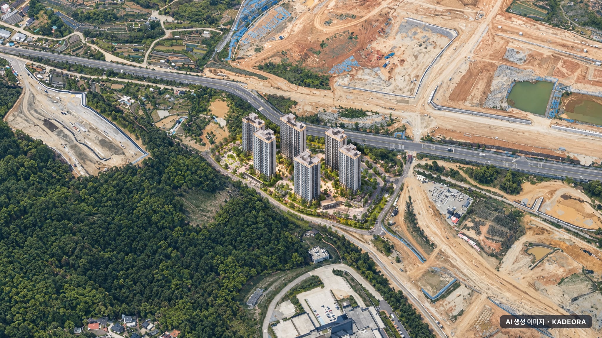 소제지구 A4BL 중흥S-클래스 우미린 단지 전경 AI 상상도(주간 항공) — 전남 여수시 착공 584세대