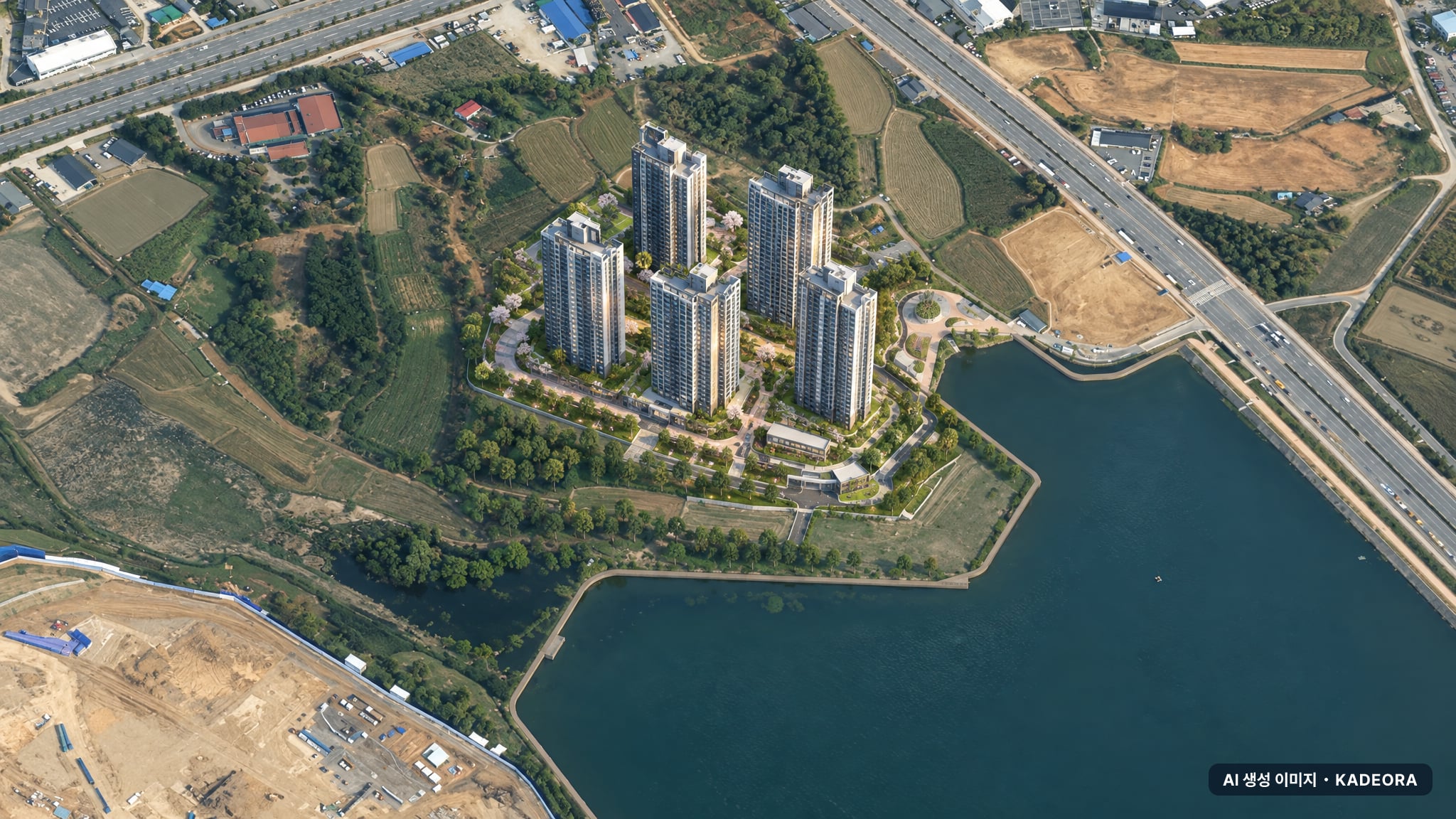 엘리프 성성호수공원 1BL 단지 전경 AI 상상도(주간 항공) — 충남 천안시 착공 546세대