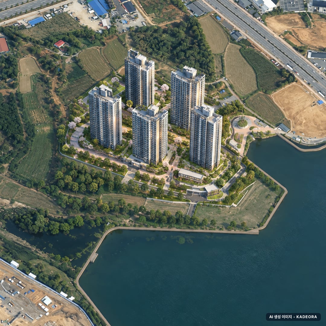 엘리프 성성호수공원 1BL 단지 전경 AI 상상도(주간 항공) — 충남 천안시 착공 546세대