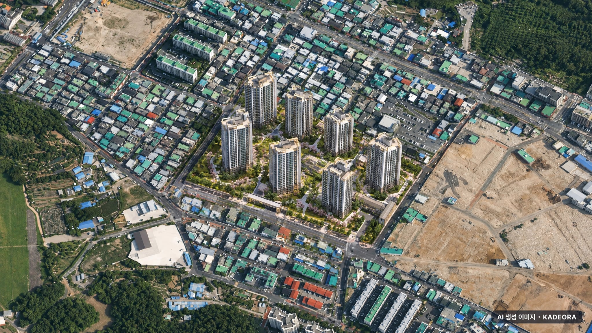 번영로 하늘채 라크뷰 주간 항공 상상도 · AI 생성 이미지로 실제와 다를 수 있음 번영로 하늘채 라크뷰 단지 전경 AI 상상도(주간 항공) — 울산 남구 착공 803세대
