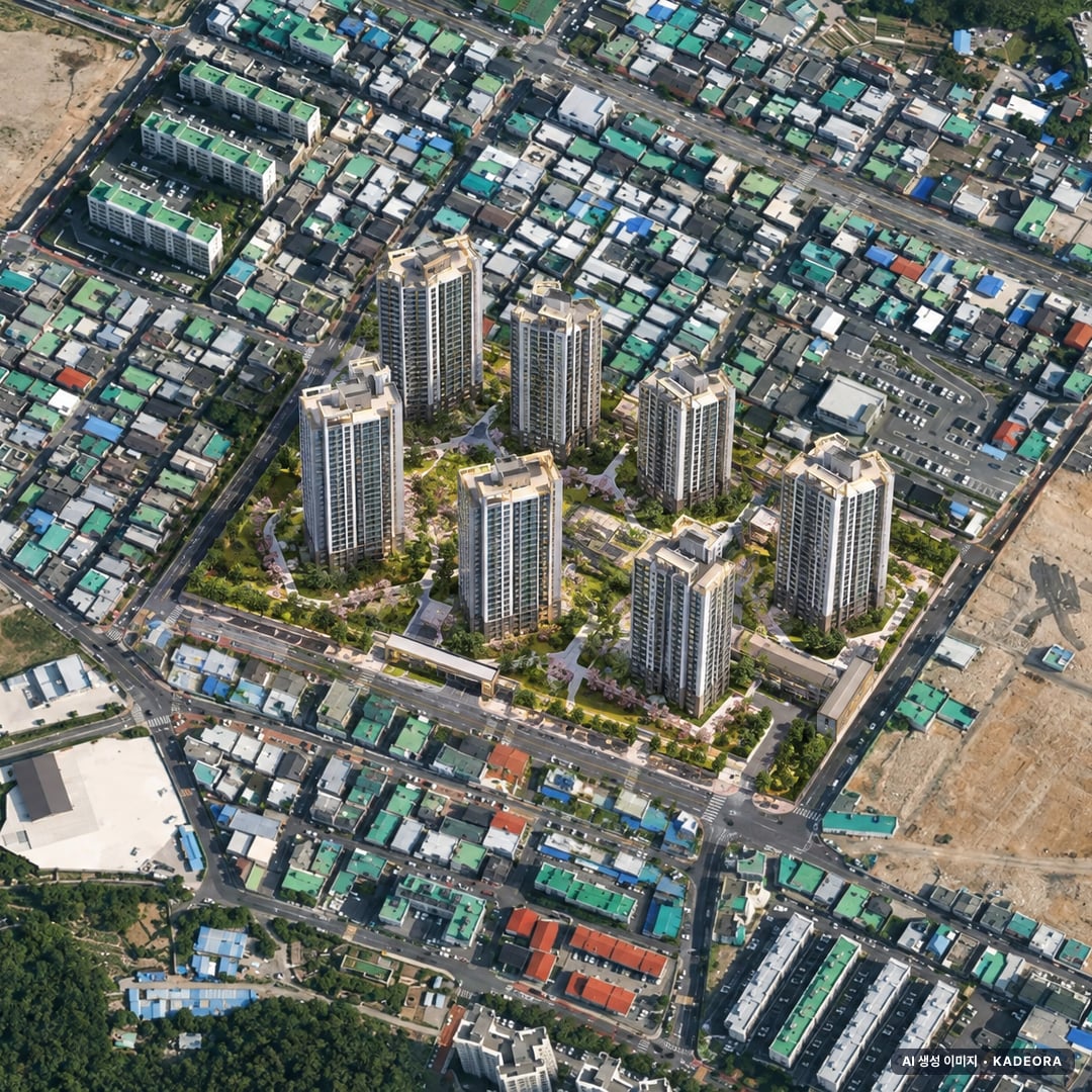 번영로 하늘채 라크뷰 단지 전경 AI 상상도(주간 항공) — 울산 남구 착공 803세대