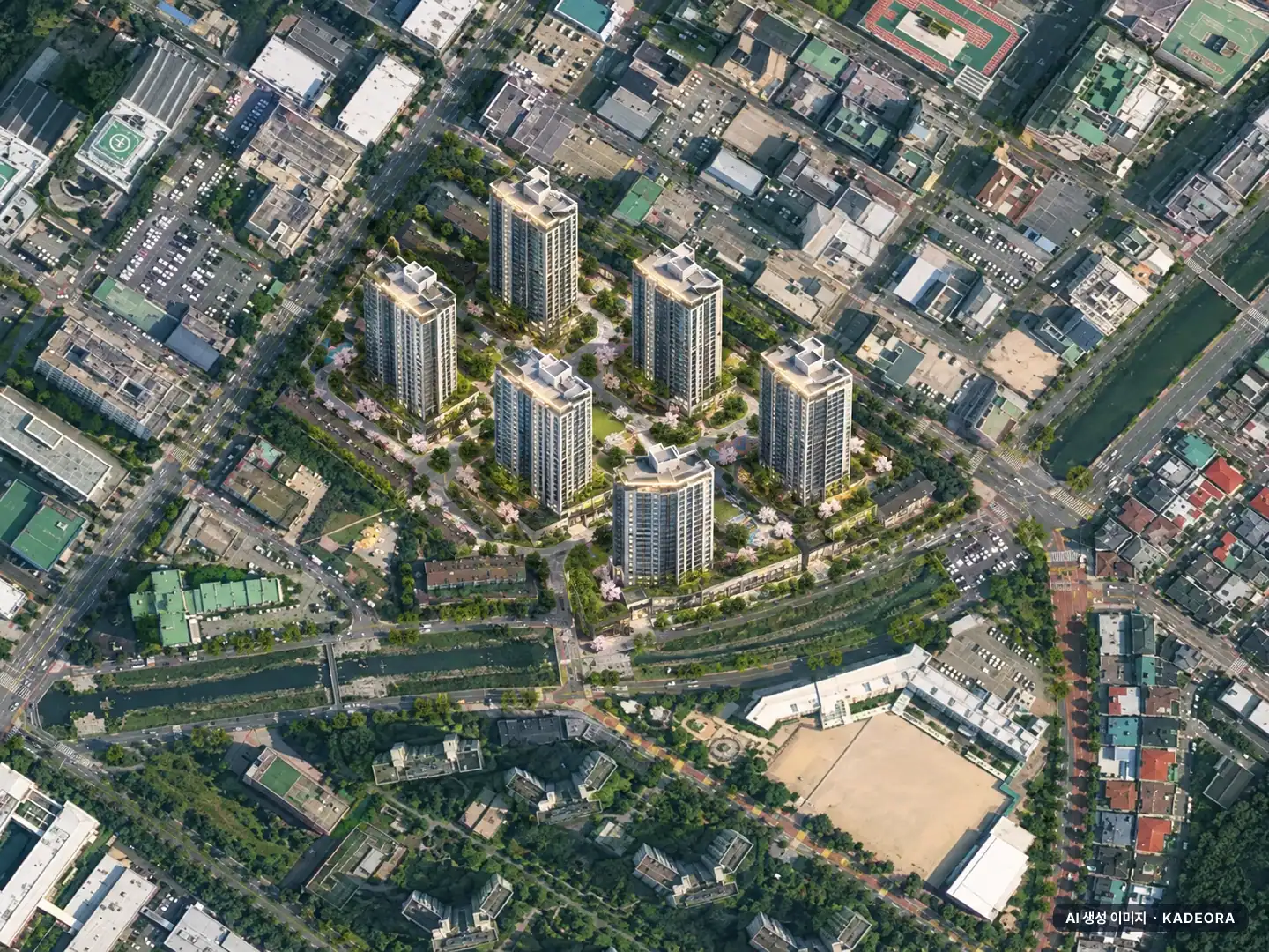 상남1구역 재건축 6개동·총 728세대 기준 AI 상상도(주간 항공) — 실제와 다를 수 있음