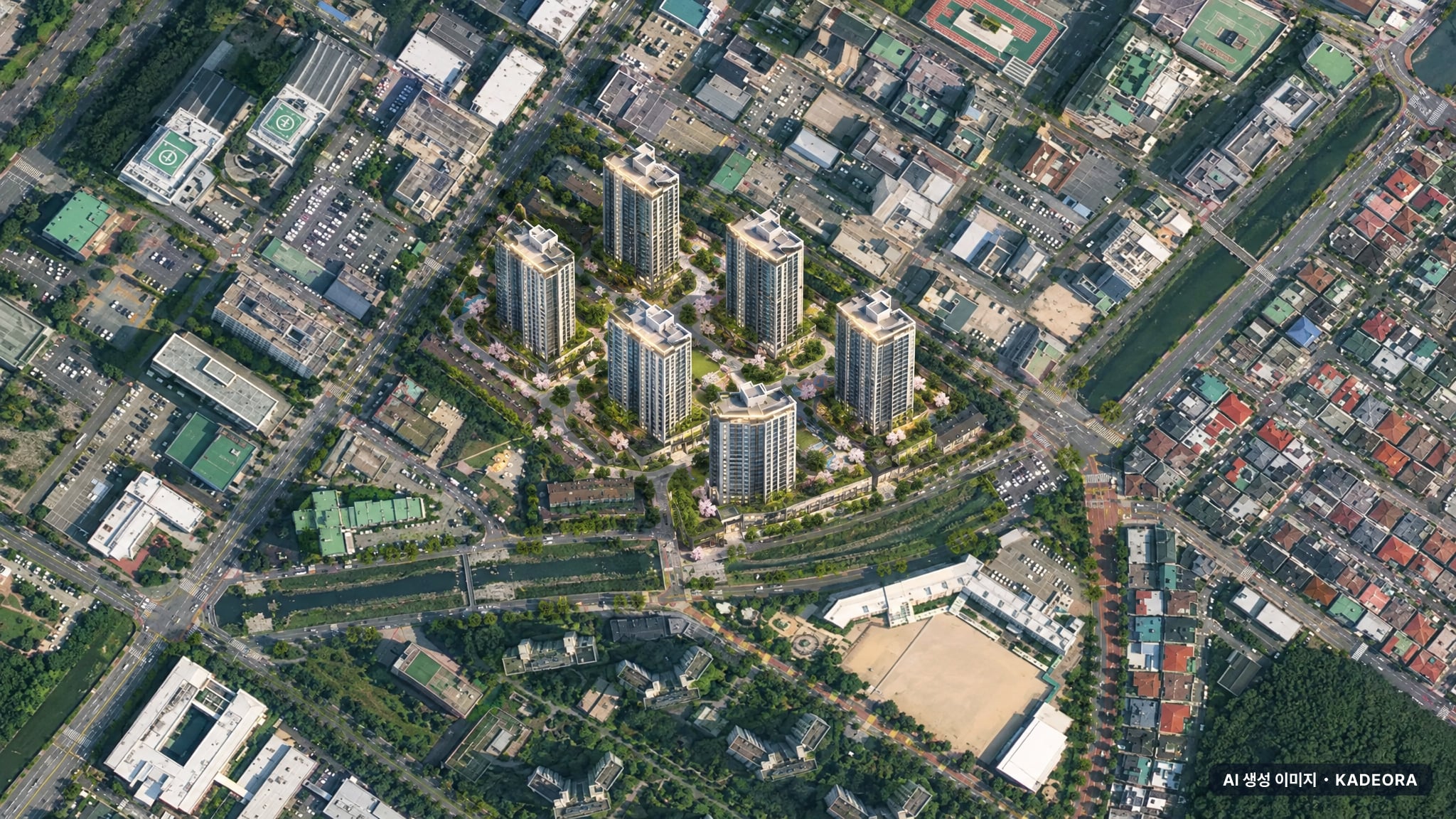 상남1구역 재건축 단지 전경 AI 상상도(주간 항공) — 경남 창원시 분양 예고 728세대