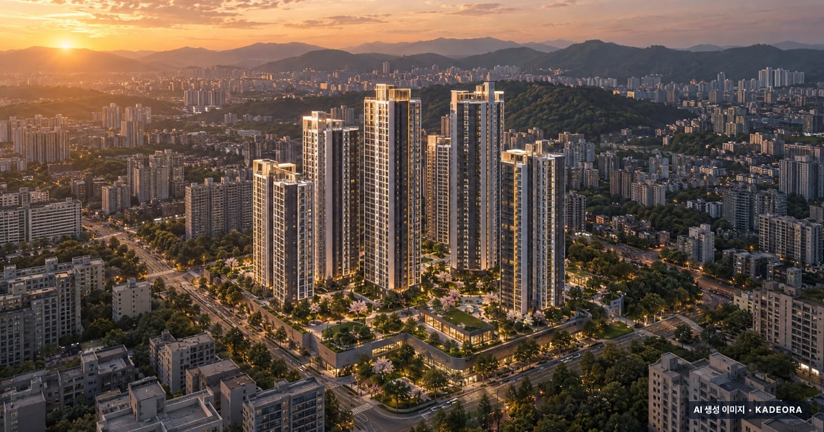 부산 수정5 재개발 노을 항공 상상도 · AI 생성 이미지로 실제와 다를 수 있음 부산 수정5 재개발 단지 전경 AI 상상도(노을 항공) — 부산 동구 착공