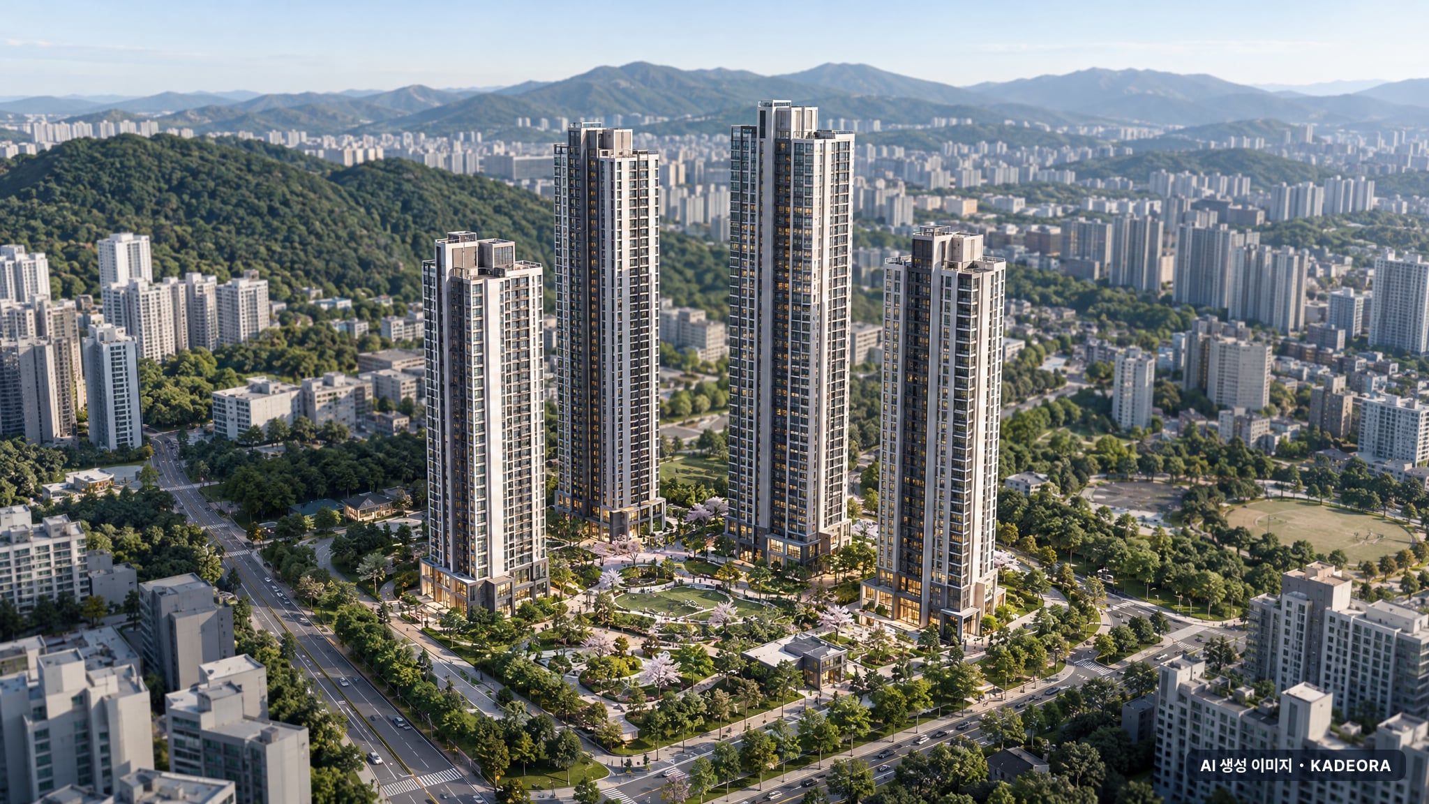 e편한세상 범일 국제금융시티 4개동·최고 49층·총 856세대(이번 384세대 공급) 기준 AI 상상도(주간 항공) — 실제와 다를 수 있음