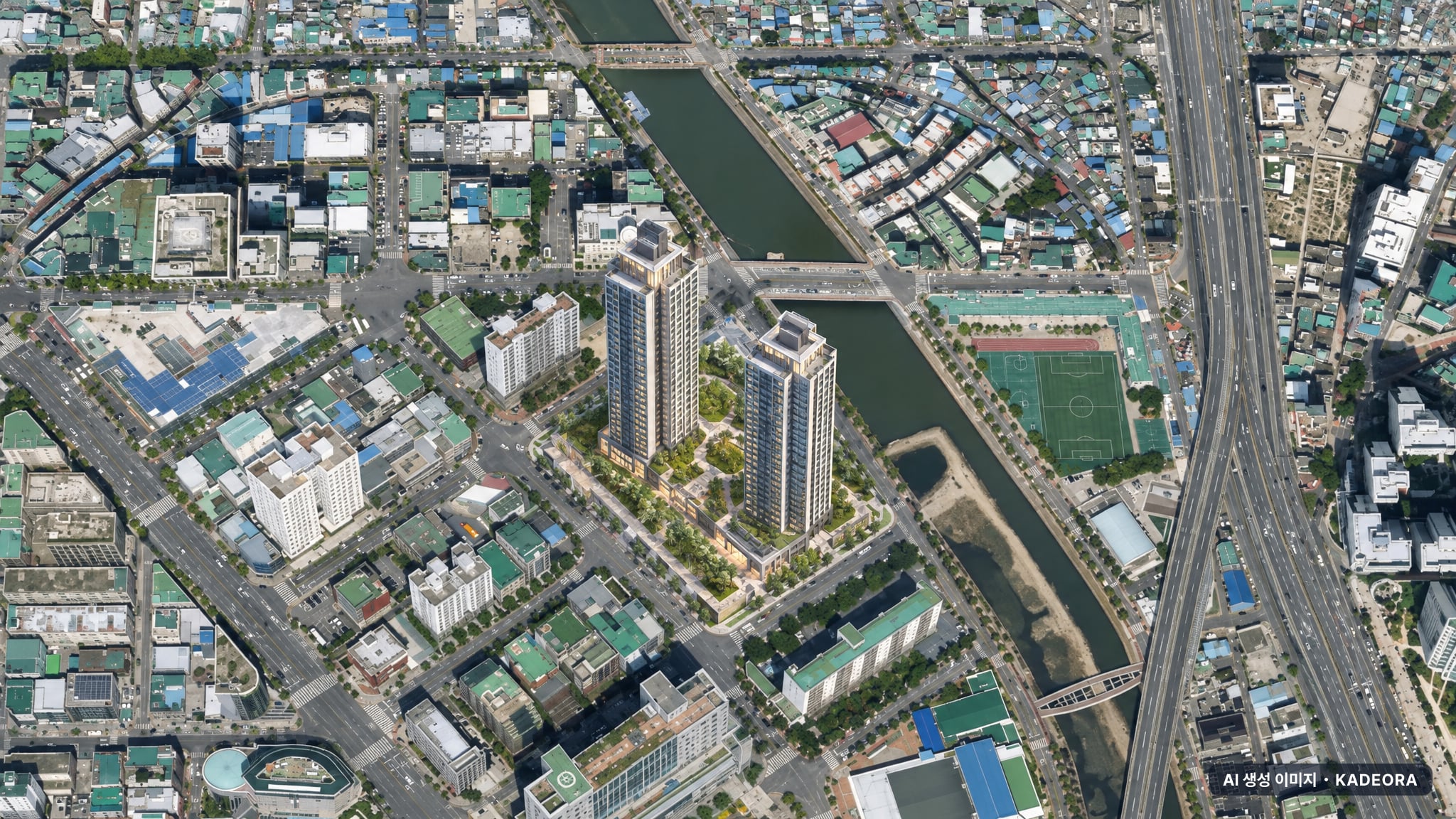e편한세상 범일 국제금융시티 주간 항공 상상도 · AI 생성 이미지로 실제와 다를 수 있음 e편한세상 범일 국제금융시티 단지 전경 AI 상상도(주간 항공) — 부산 동구 착공 384세대