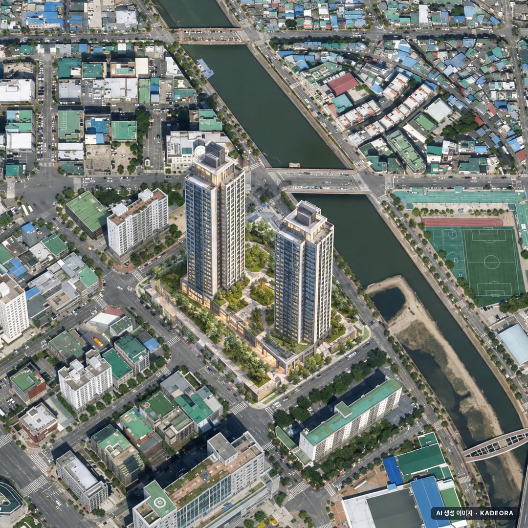 e편한세상 범일 국제금융시티 단지 전경 AI 상상도(주간 항공) — 부산 동구 착공 384세대