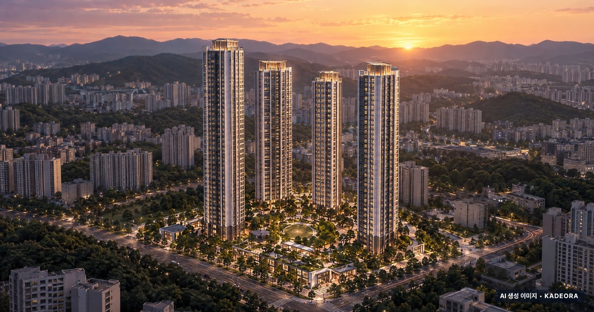 e편한세상 범일 국제금융시티 4개동·최고 49층·총 856세대(이번 384세대 공급) 기준 AI 상상도(노을 항공) — 실제와 다를 수 있음