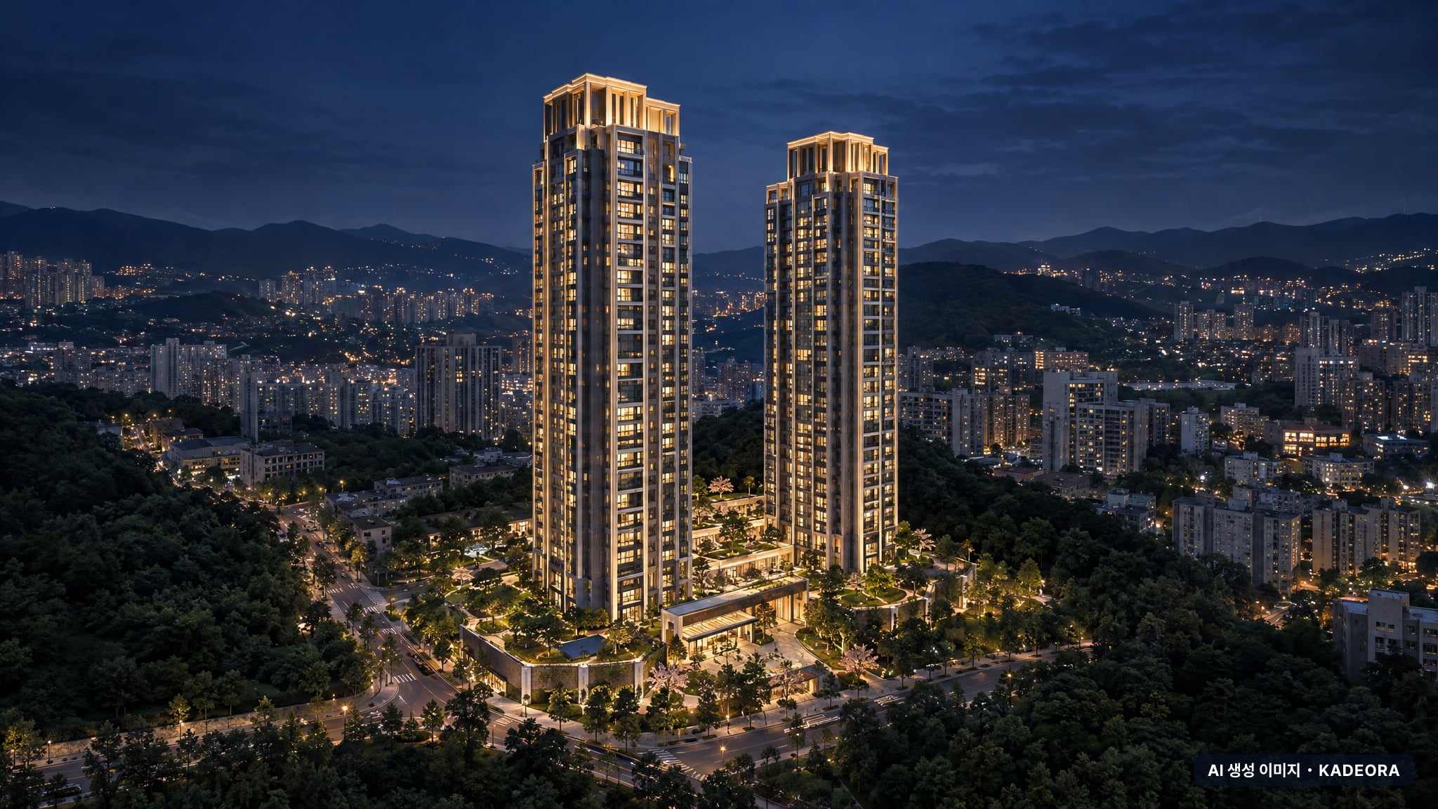 e편한세상 범일 국제금융시티 단지 전경 AI 상상도(야경) — 부산 동구 착공 384세대