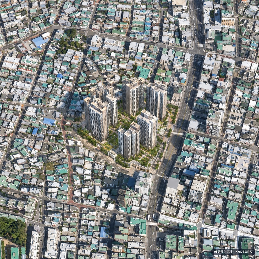 부산 남구 용호4 재개발 조감도 AI 상상도(주간 항공) — 부산 남구 조합설립 916세대