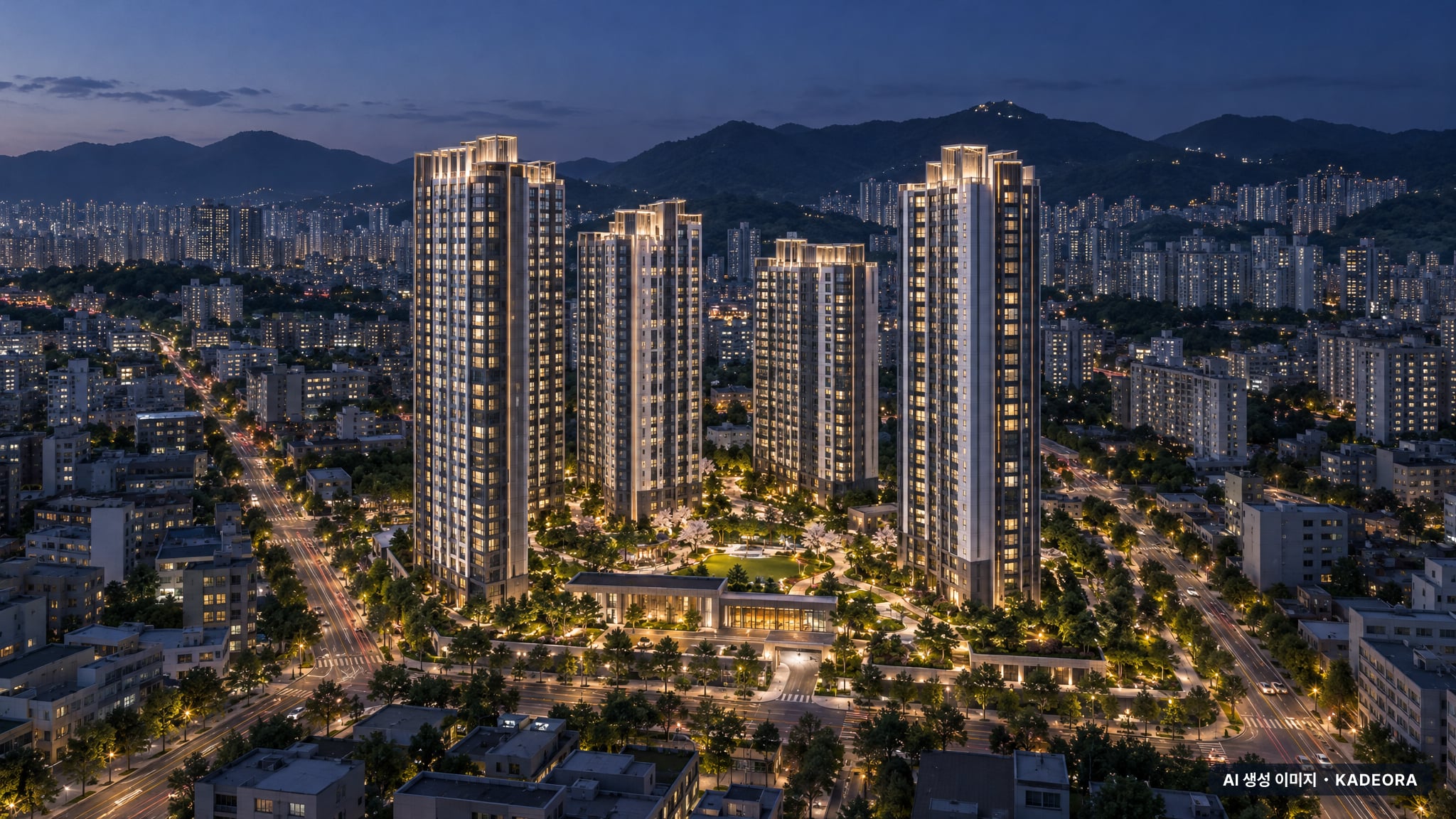 부산 남구 용호4 재개발 조감도 AI 상상도(야경) — 부산 남구 조합설립 916세대
