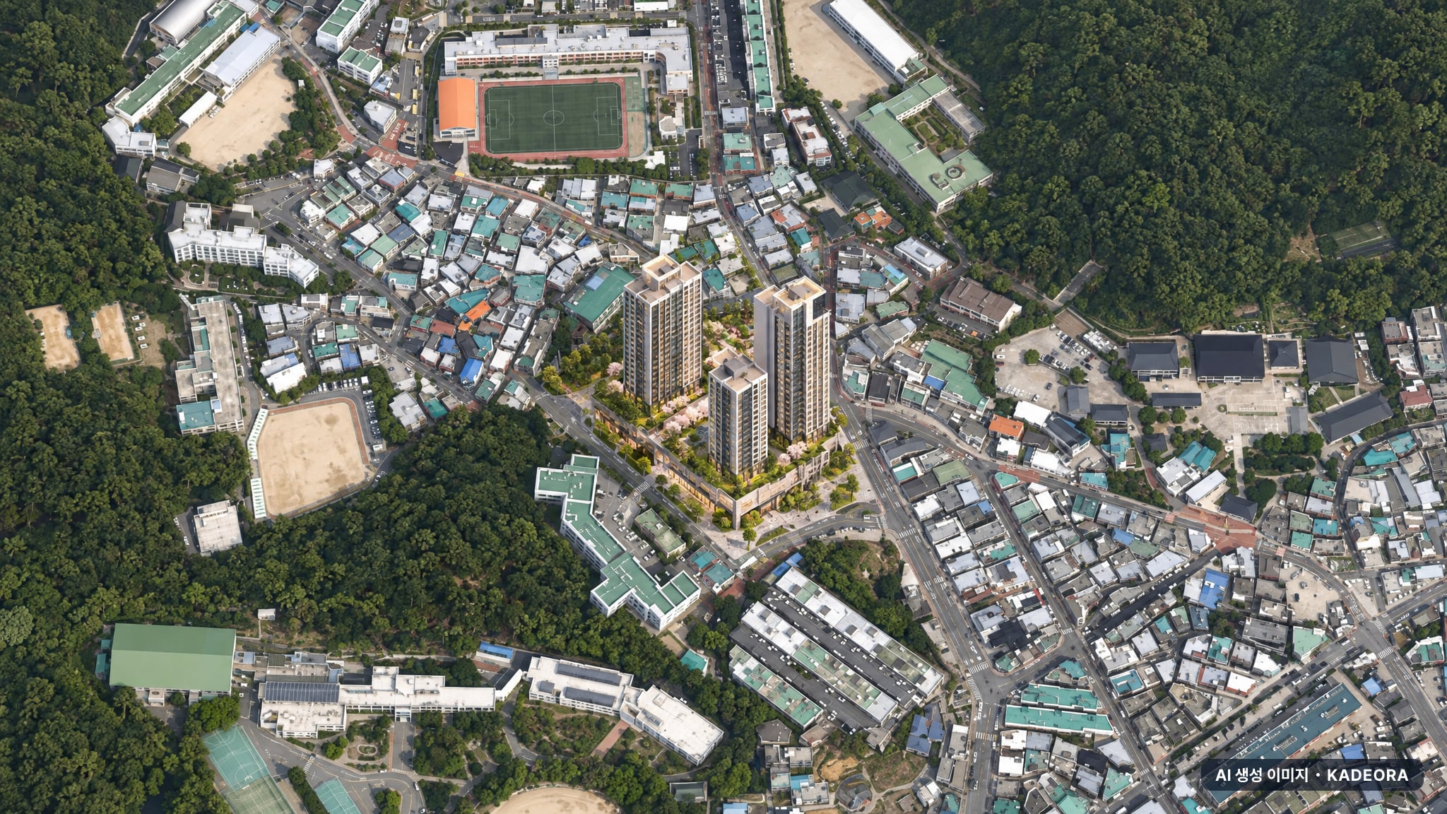 부산 해운대 재건축 주간 항공 상상도 · AI 생성 이미지로 실제와 다를 수 있음 부산 해운대 재건축 조감도 AI 상상도(주간 항공) — 부산 해운대구 부지계획 60세대