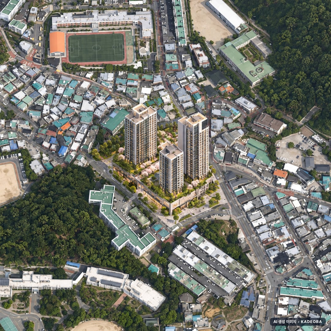 부산 해운대 재건축 조감도 AI 상상도(주간 항공) — 부산 해운대구 부지계획 60세대