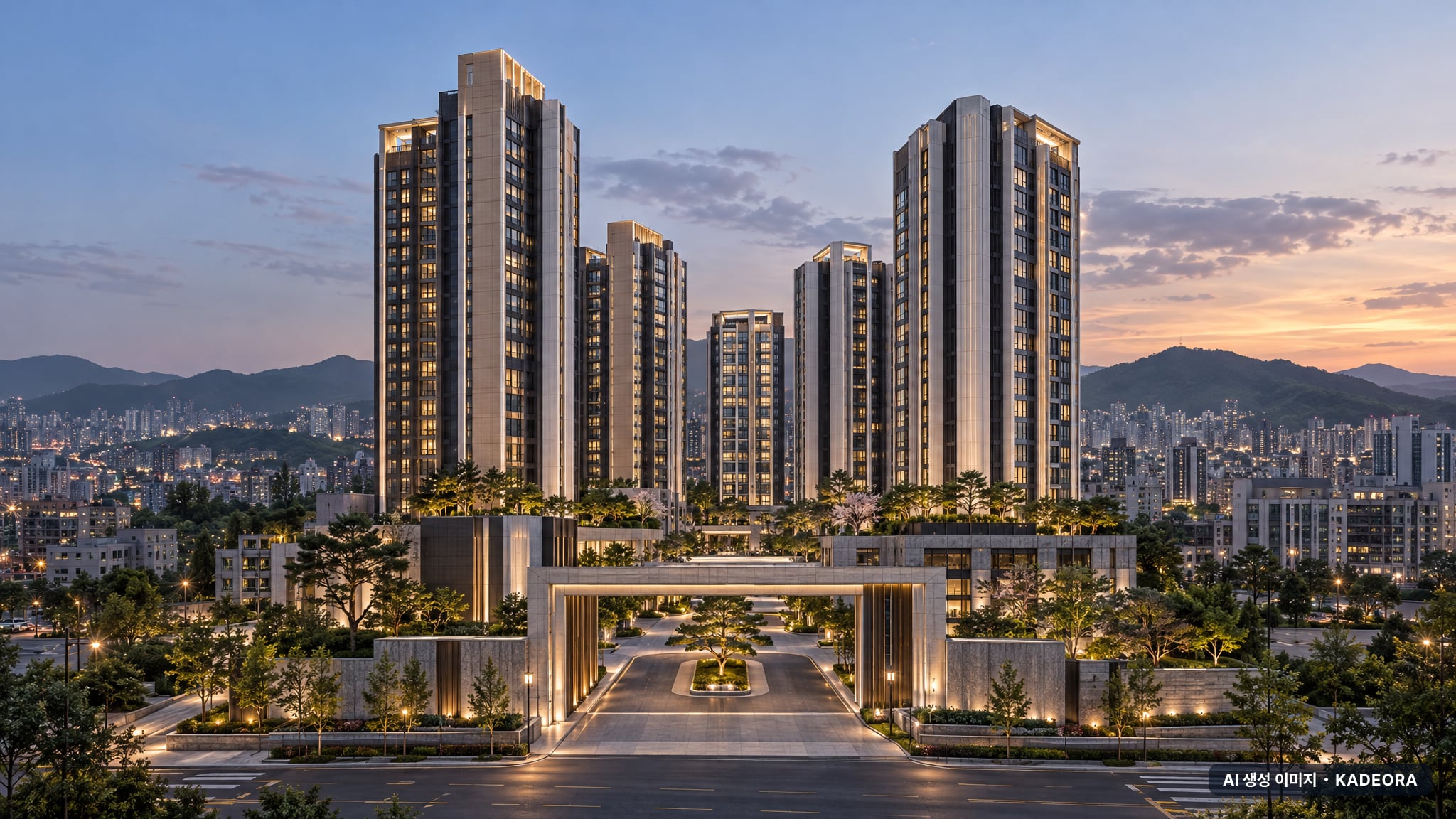 부산 해운대 재건축 단지 전경 AI 상상도(단지 입구) — 부산 해운대구 부지계획 60세대
