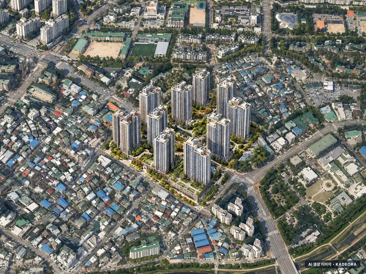 하남시청역 일원 총 1,928세대 기준 AI 상상도(주간 항공) — 실제와 다를 수 있음