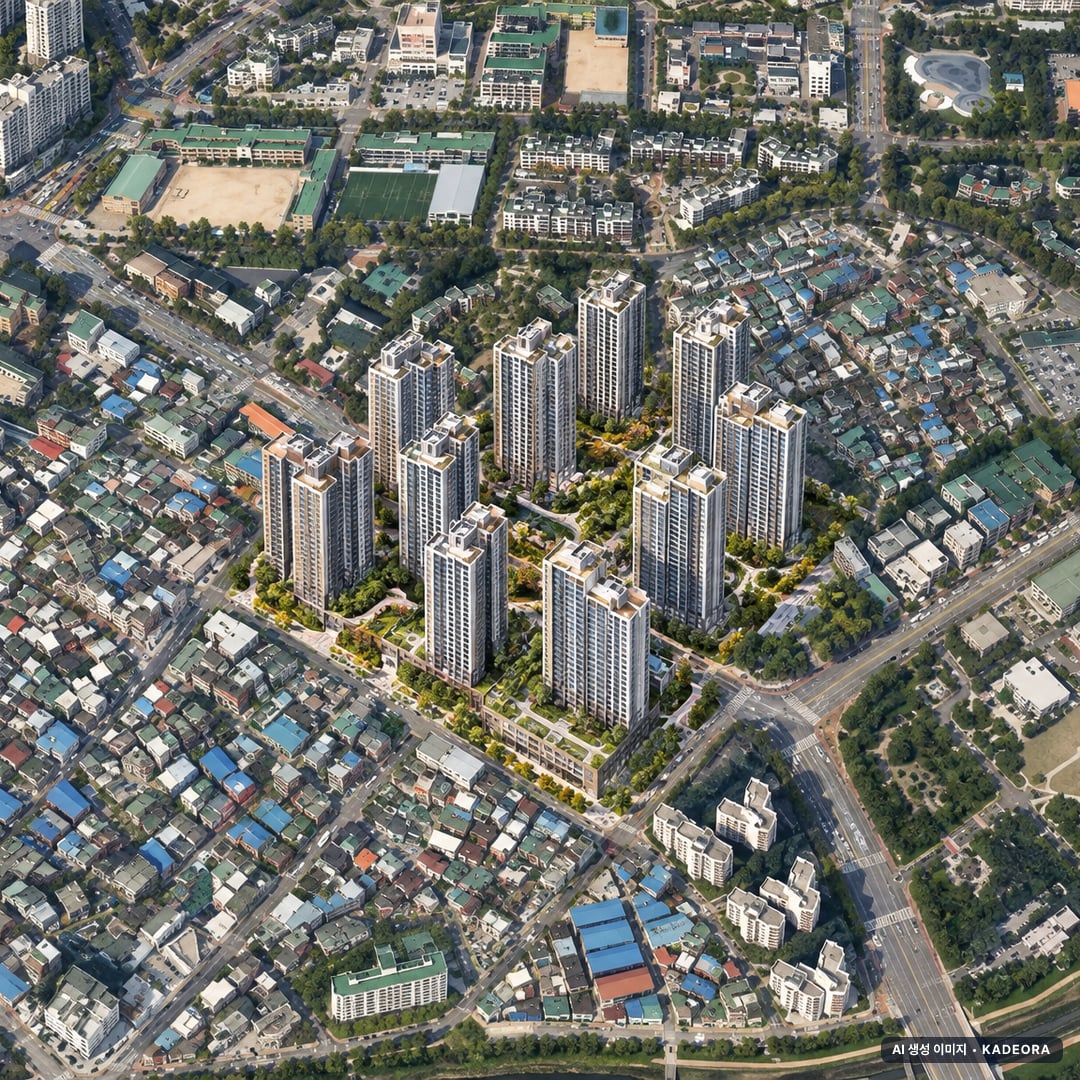 하남시청역 일원 조감도 AI 상상도(주간 항공) — 경기 하남시 부지계획 1,928세대