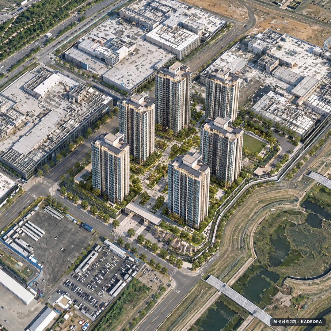 송도자이풍경채 그라노블 1단지 단지 전경 AI 상상도(주간 항공) — 인천 연수구 착공 469세대