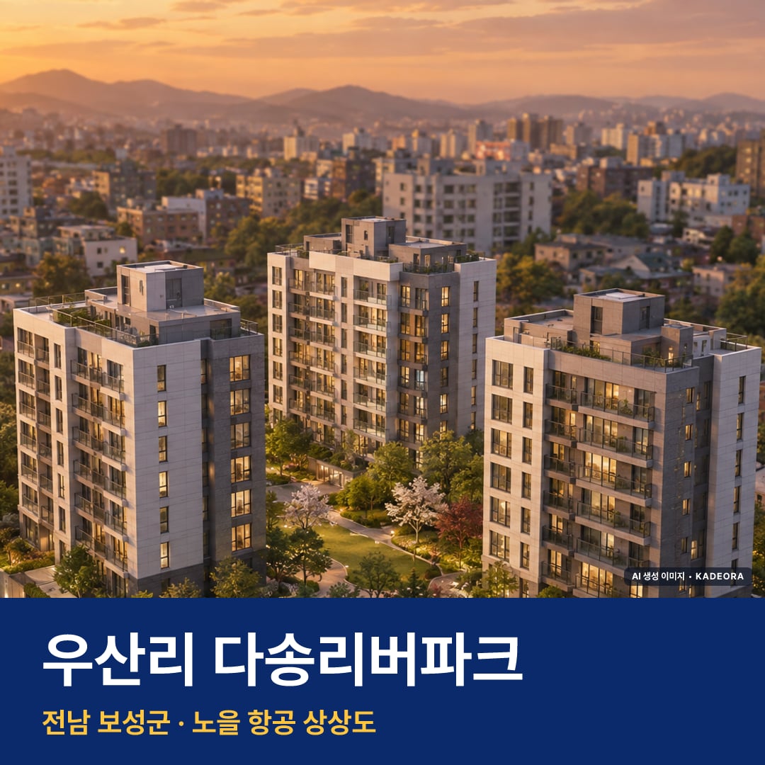 우산리 다송리버파크 재개발 우산리 다송리버파크 단지 전경 AI 상상도 — 보성군 우산리 162세대 — AI 생성 상상도 · 실제와 다를 수 있음