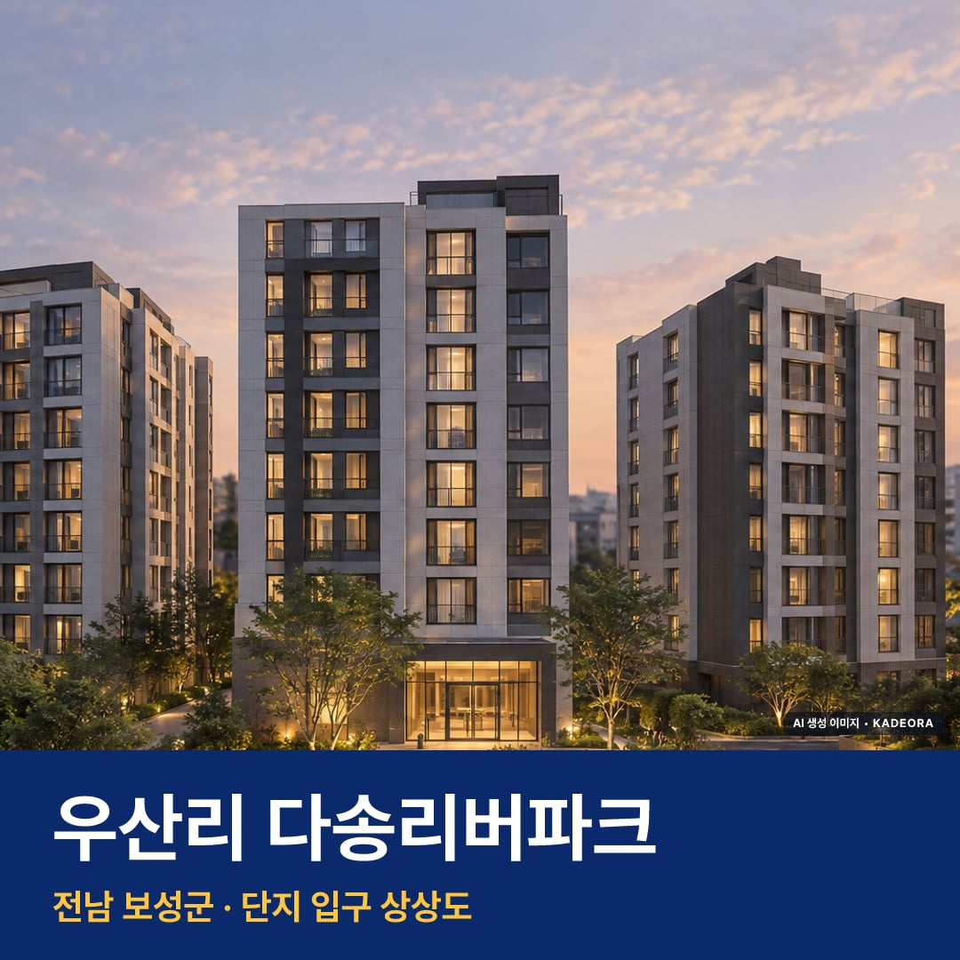 우산리 다송리버파크 재개발 우산리 다송리버파크 단지 전경 AI 상상도 — 보성군 우산리 162세대 — AI 생성 상상도 · 실제와 다를 수 있음