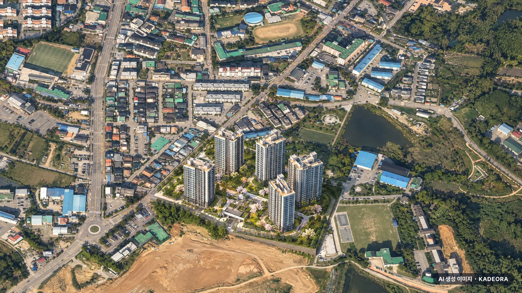 고창 덕산지구 공동주택(공공분양) 조감도 AI 상상도(주간 항공) — 전북 고창군 분양 예고 888세대