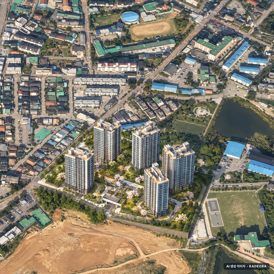 고창 덕산지구 공동주택(공공분양) 조감도 AI 상상도(주간 항공) — 전북 고창군 분양 예고 888세대