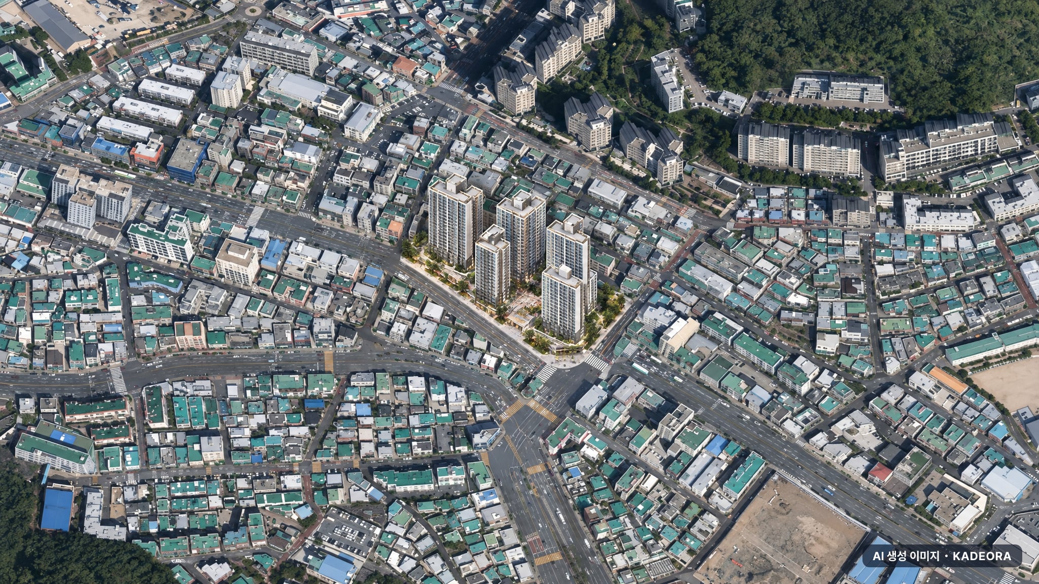 부산 사하구 당리4 재개발 주간 항공 상상도 · AI 생성 이미지로 실제와 다를 수 있음 부산 사하구 당리4 재개발 조감도 AI 상상도(주간 항공) — 부산 사하구 조합설립 495세대