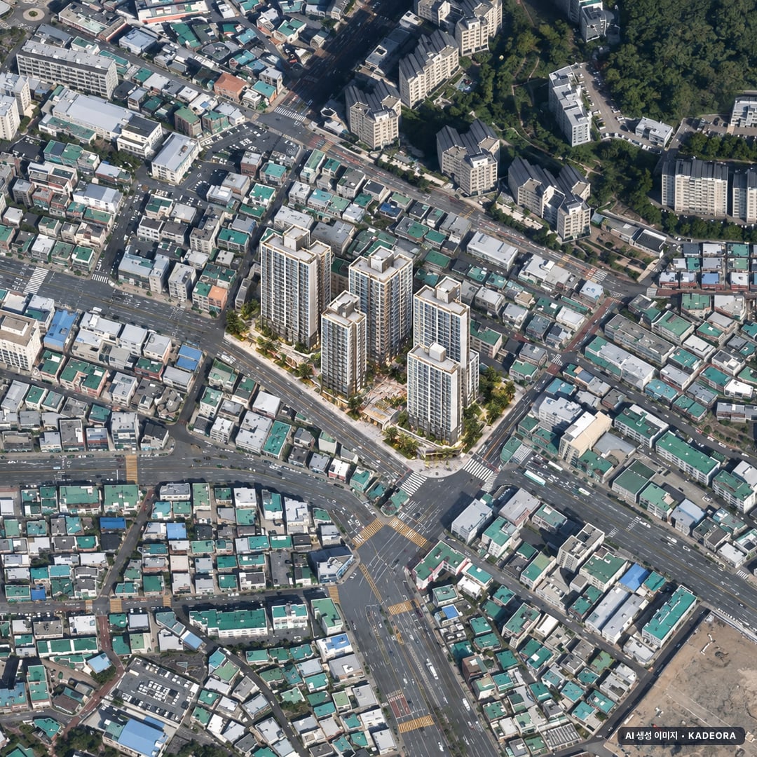 부산 사하구 당리4 재개발 조감도 AI 상상도(주간 항공) — 부산 사하구 조합설립 495세대