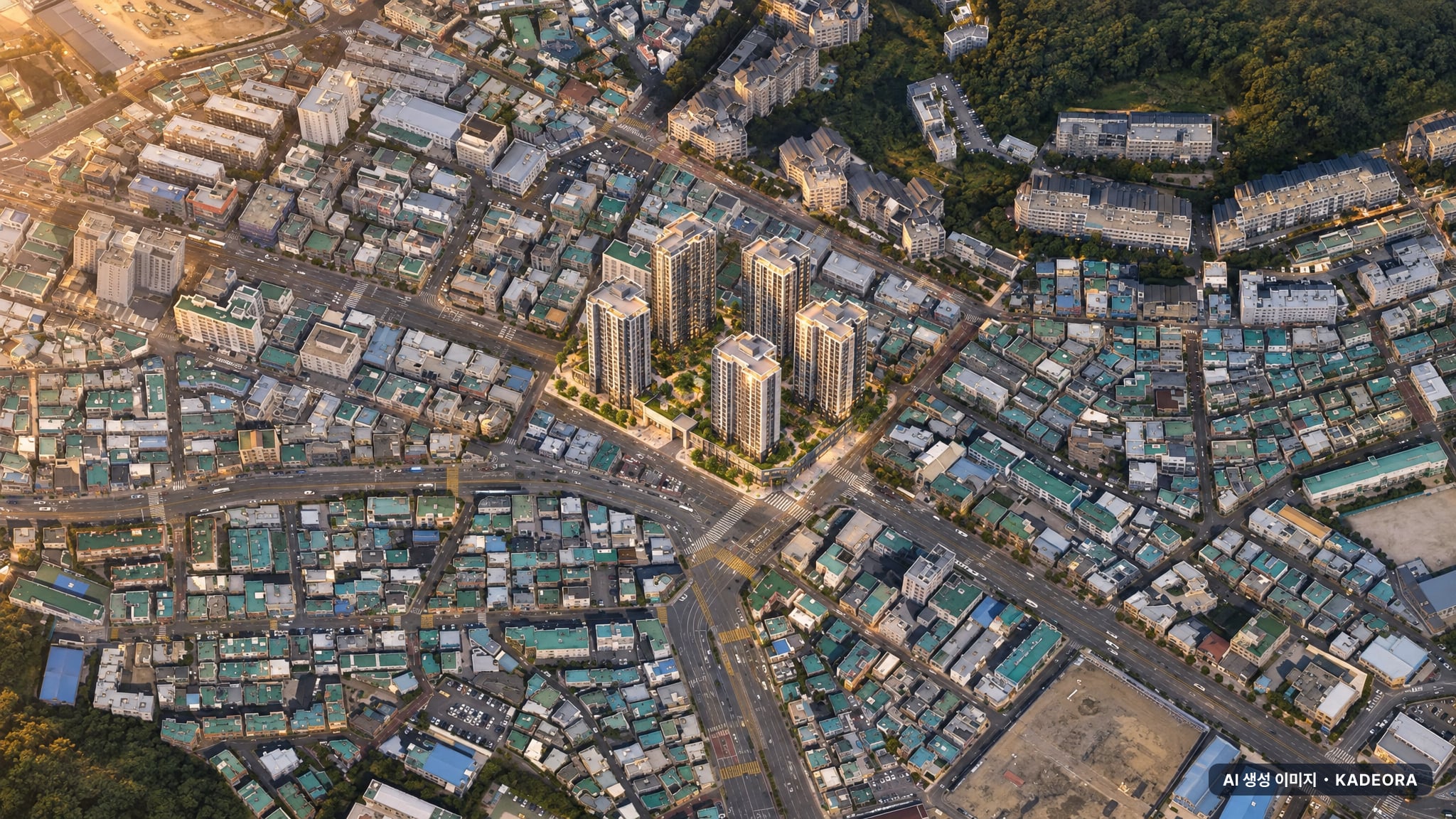 부산 사하구 당리4 재개발 조감도 AI 상상도(노을 항공) — 부산 사하구 조합설립 495세대