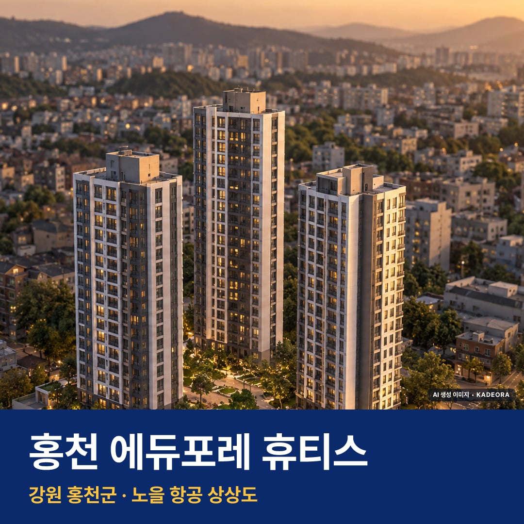 홍천 에듀포레 휴티스 재개발 홍천 에듀포레 휴티스 단지 전경 AI 상상도 — 홍천군 홍천읍 239세대 — AI 생성 상상도 · 실제와 다를 수 있음