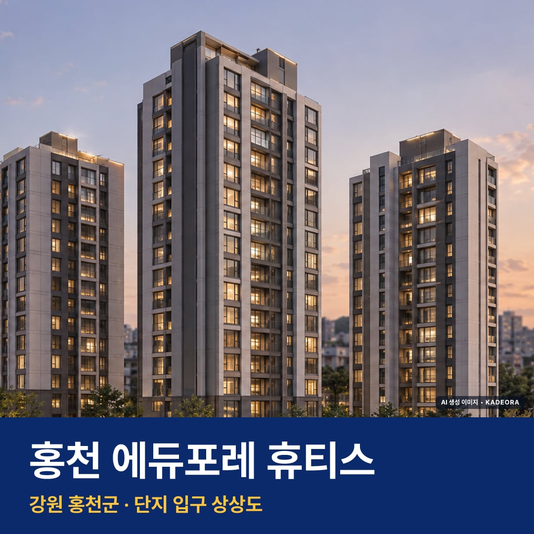 홍천 에듀포레 휴티스 재개발 홍천 에듀포레 휴티스 단지 전경 AI 상상도 — 홍천군 홍천읍 239세대 — AI 생성 상상도 · 실제와 다를 수 있음