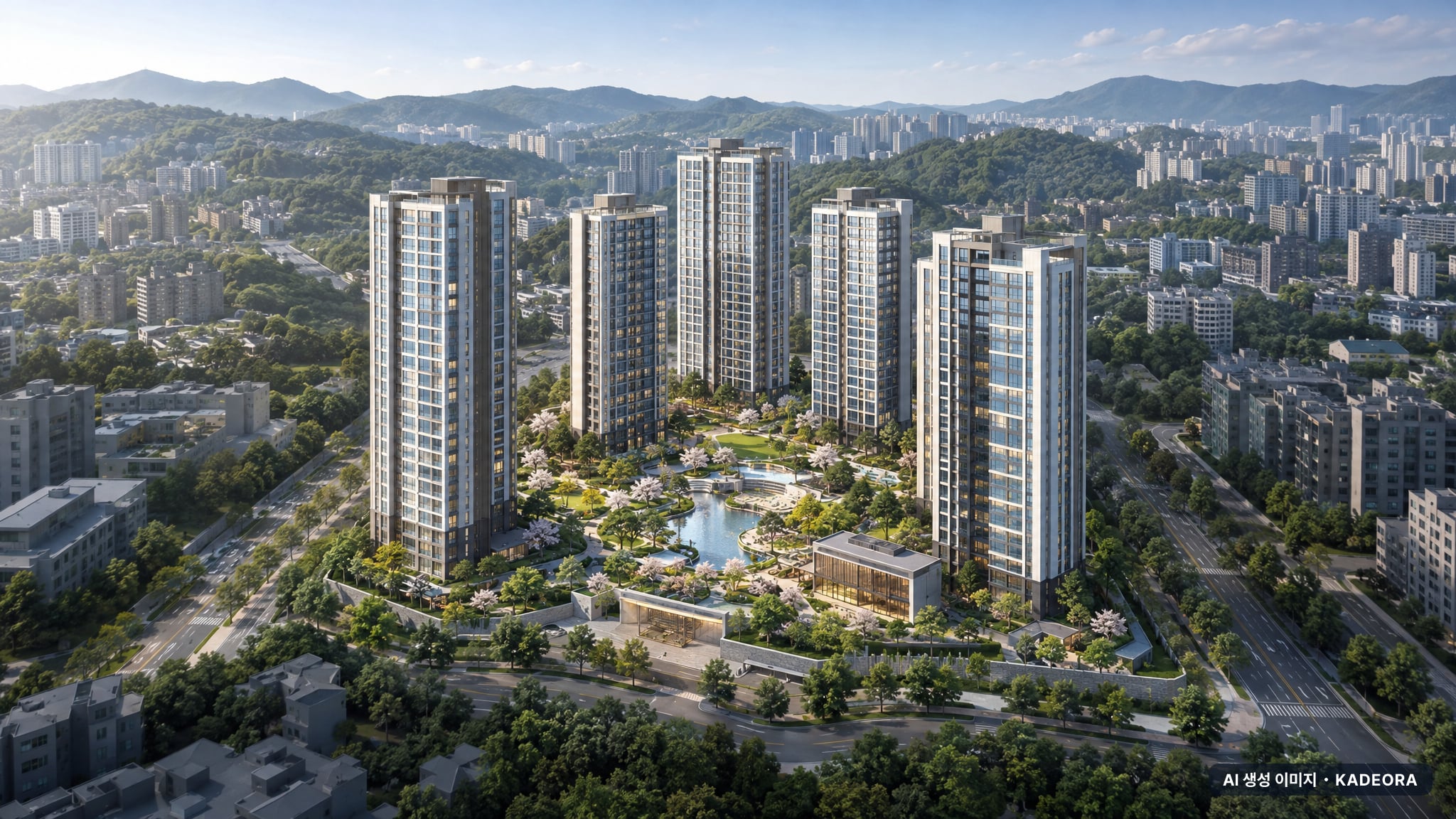 울산다운2지구 A-10블록 공공분양주택 주간 항공 상상도 · AI 생성 이미지로 실제와 다를 수 있음 울산다운2지구 A-10블록 공공분양주택 단지 전경 AI 상상도(주간 항공) — 울산 울주군 착공 579세대