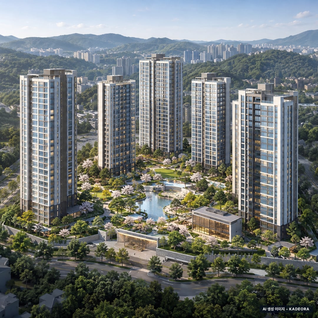 울산다운2지구 A-10블록 공공분양주택 주간 항공 상상도 · AI 생성 이미지로 실제와 다를 수 있음 울산다운2지구 A-10블록 공공분양주택 단지 전경 AI 상상도(주간 항공) — 울산 울주군 착공 579세대