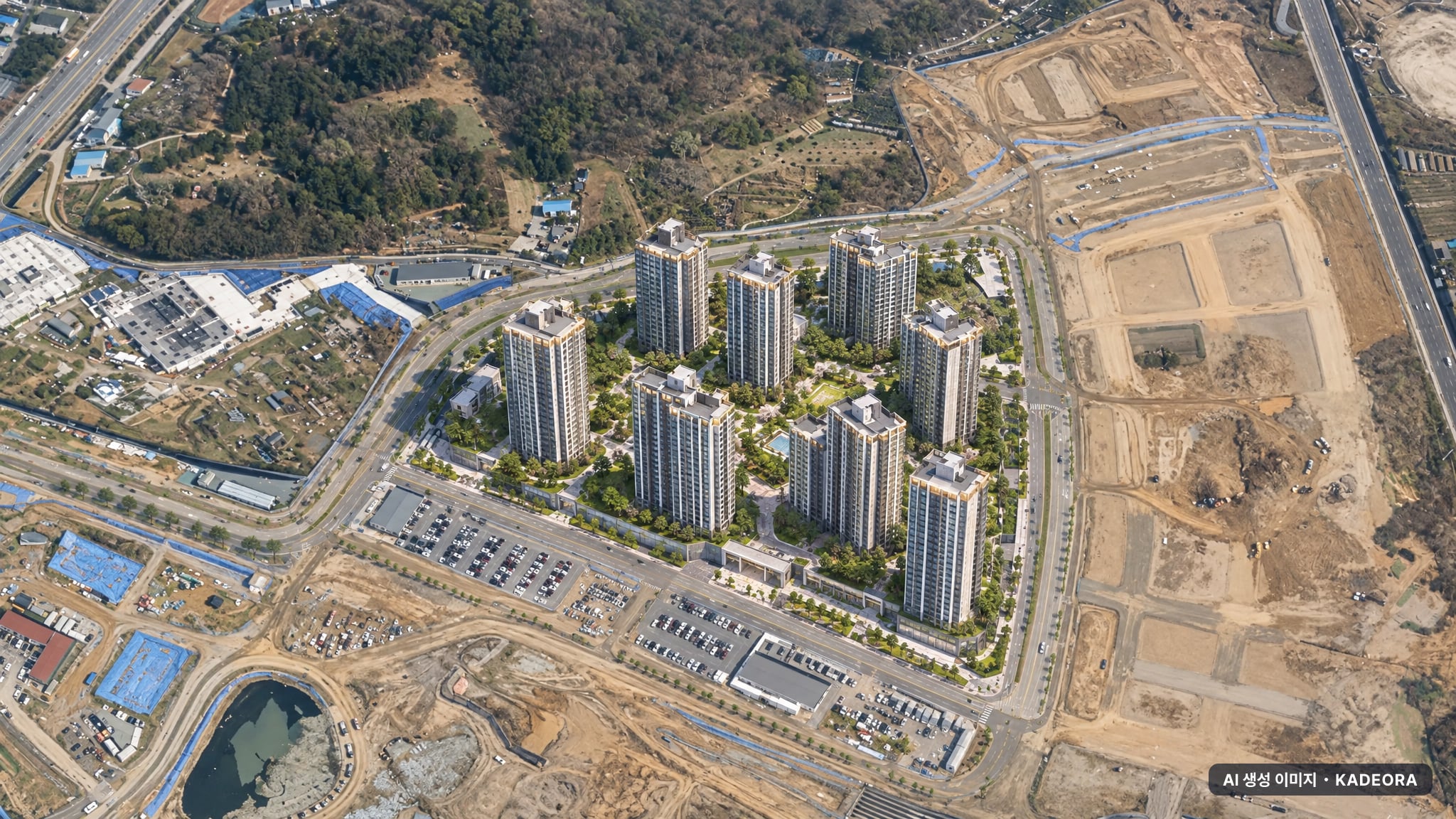 아산탕정자이 센트럴시티(A2BL) 단지 전경 AI 상상도(주간 항공) — 충남 아산시 착공 1,238세대