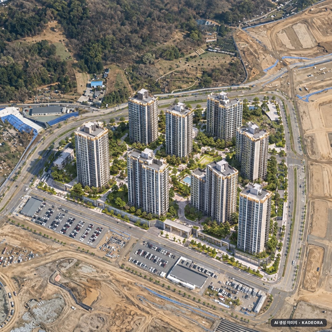 아산탕정자이 센트럴시티(A2BL) 9개동·최고 35층·총 1,238세대 기준 AI 상상도(주간 항공) — 실제와 다를 수 있음
