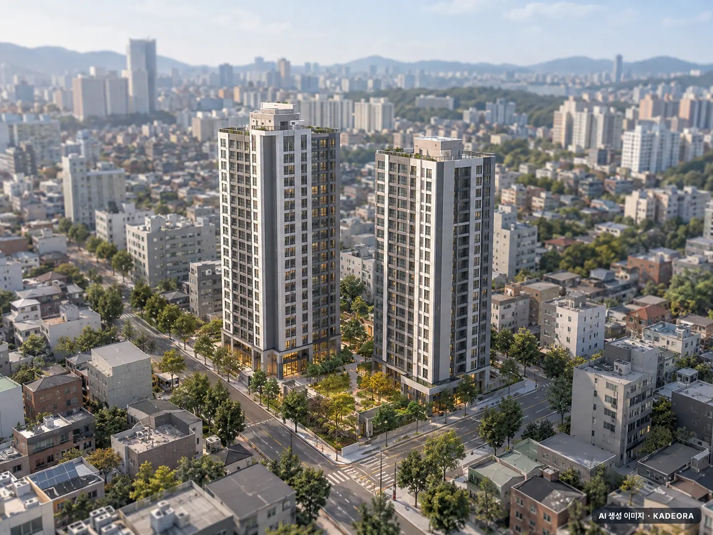 한화포레나 영흥숲(3차) 2개동·최고 20층·총 157세대(이번 1세대 공급) 기준 AI 상상도(주간 항공) — 실제와 다를 수 있음