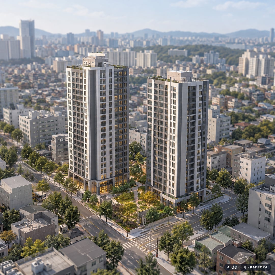 한화포레나 영흥숲(3차) 2개동·최고 20층·총 157세대(이번 1세대 공급) 기준 AI 상상도(주간 항공) — 실제와 다를 수 있음