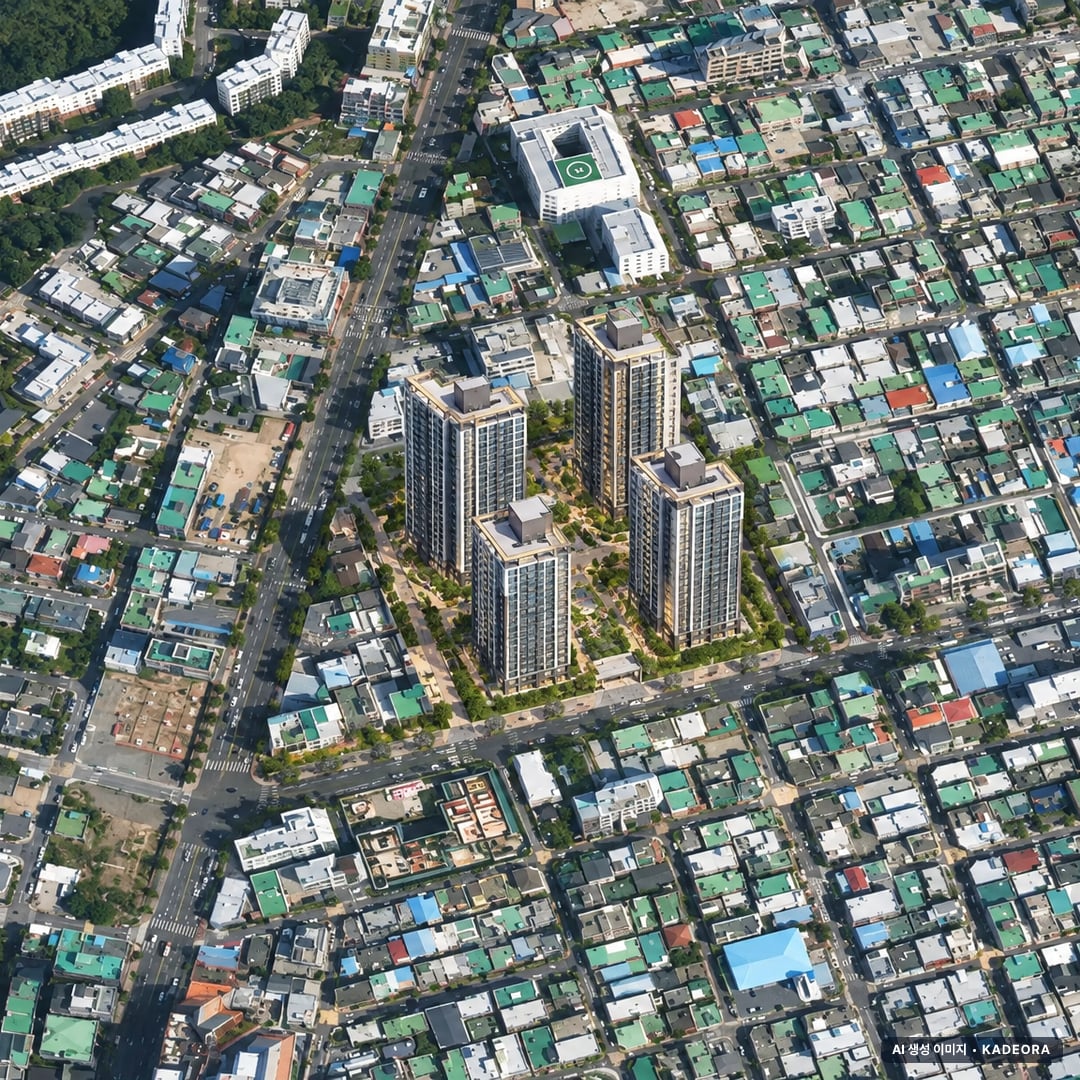 힐스테이트 문수로 센트럴 단지 전경 AI 상상도(주간 항공) — 울산 남구 착공 566세대