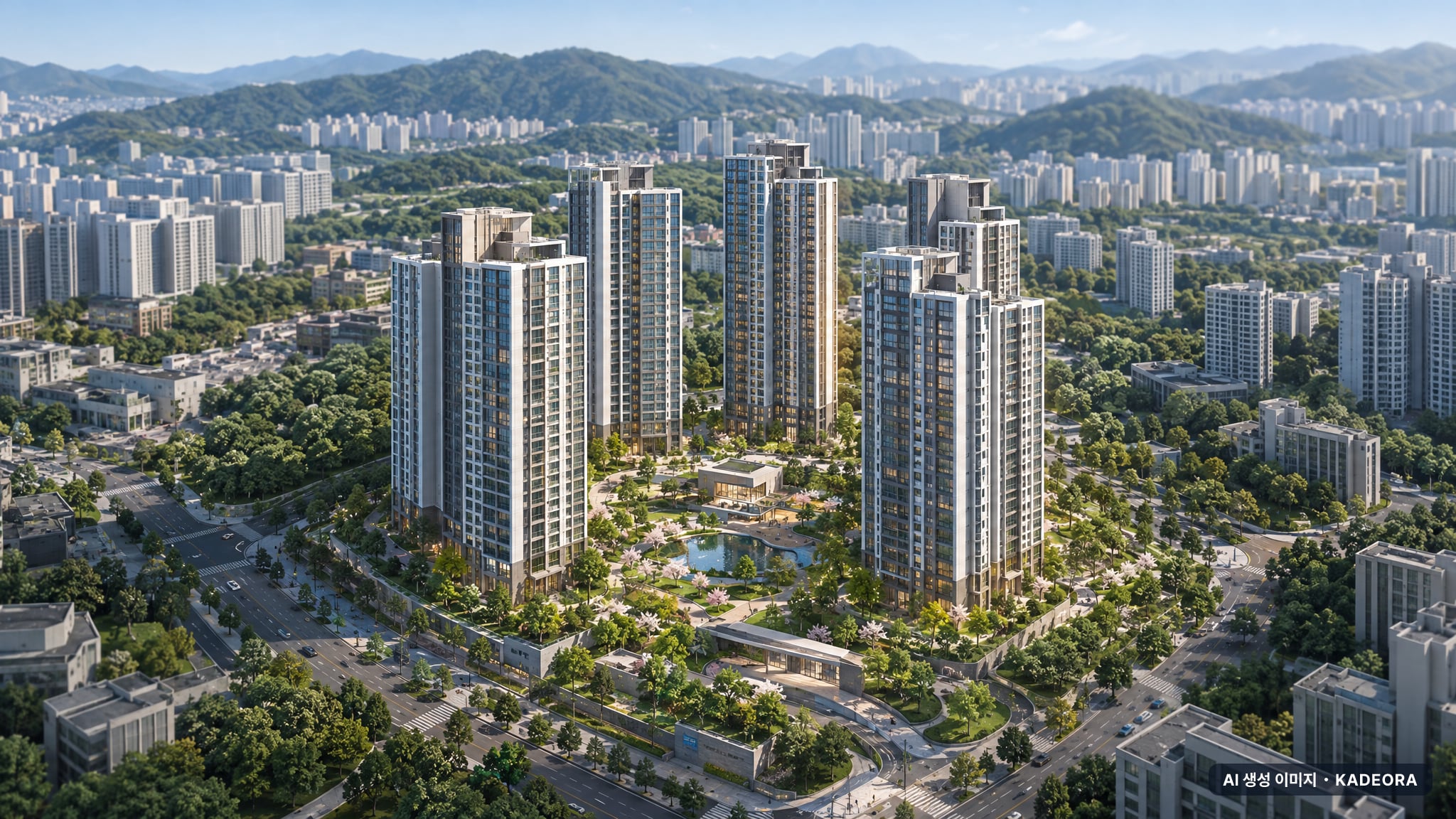 두산위브더제니스 청주 센트럴파크 주간 항공 상상도 · AI 생성 이미지로 실제와 다를 수 있음 두산위브더제니스 청주 센트럴파크 단지 전경 AI 상상도(주간 항공) — 충북 청주시 착공 705세대