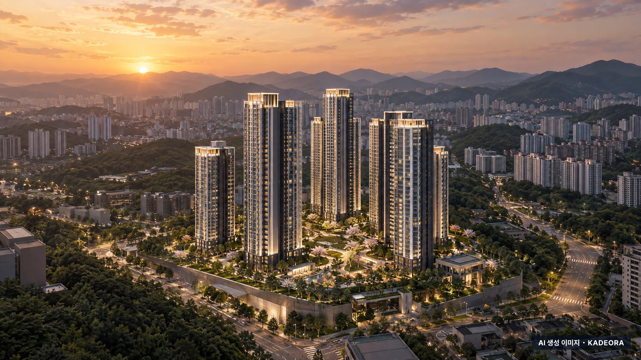 두산위브더제니스 청주 센트럴파크 단지 전경 AI 상상도(노을 항공) — 충북 청주시 착공 705세대