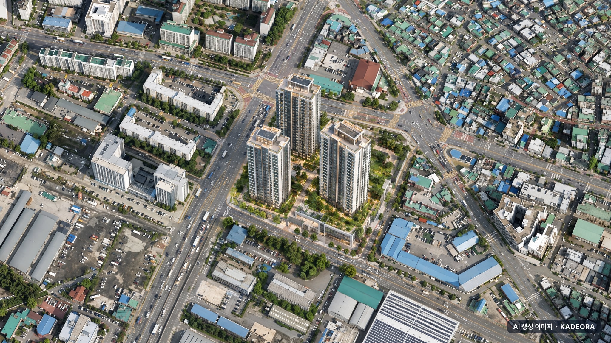 숭의역 라온프라이빗 스카이브 주간 항공 상상도 · AI 생성 이미지로 실제와 다를 수 있음 숭의역 라온프라이빗 스카이브 단지 전경 AI 상상도(주간 항공) — 인천 제물포구 착공 170세대