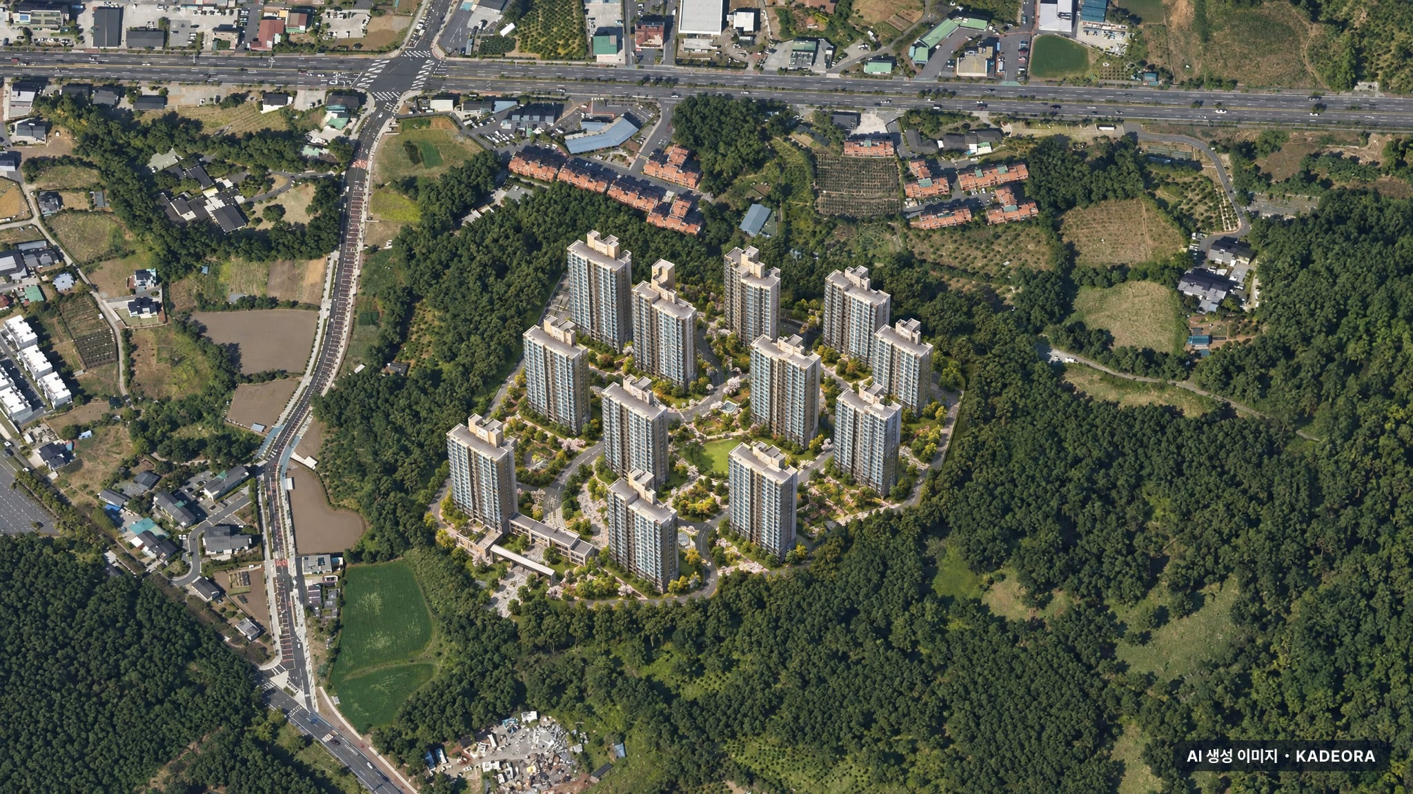 위파크 제주 2단지 주간 항공 상상도 · AI 생성 이미지로 실제와 다를 수 있음 위파크 제주 2단지 단지 전경 AI 상상도(주간 항공) — 제주 제주시 착공 643세대