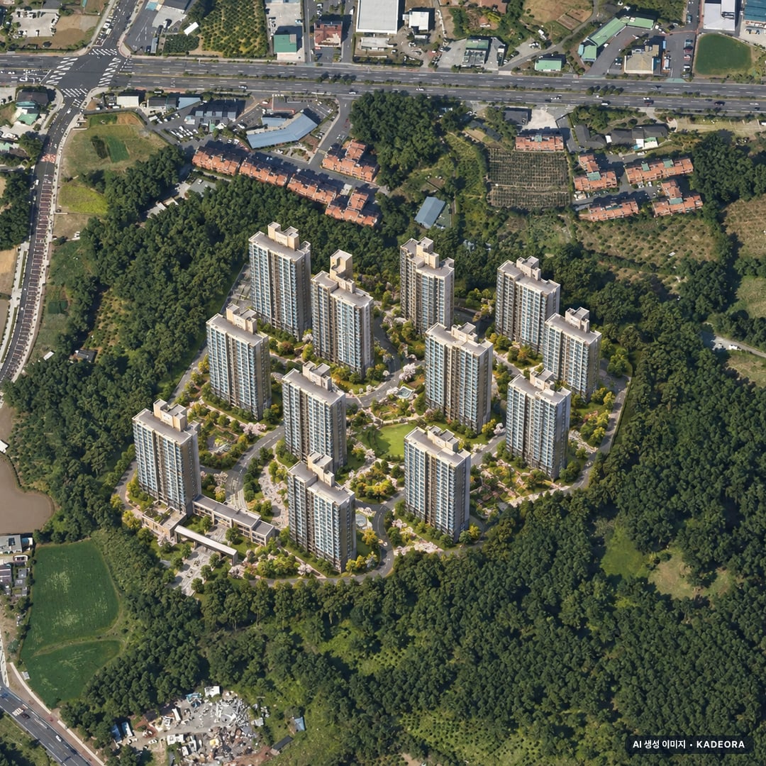 위파크 제주 2단지 단지 전경 AI 상상도(주간 항공) — 제주 제주시 착공 643세대