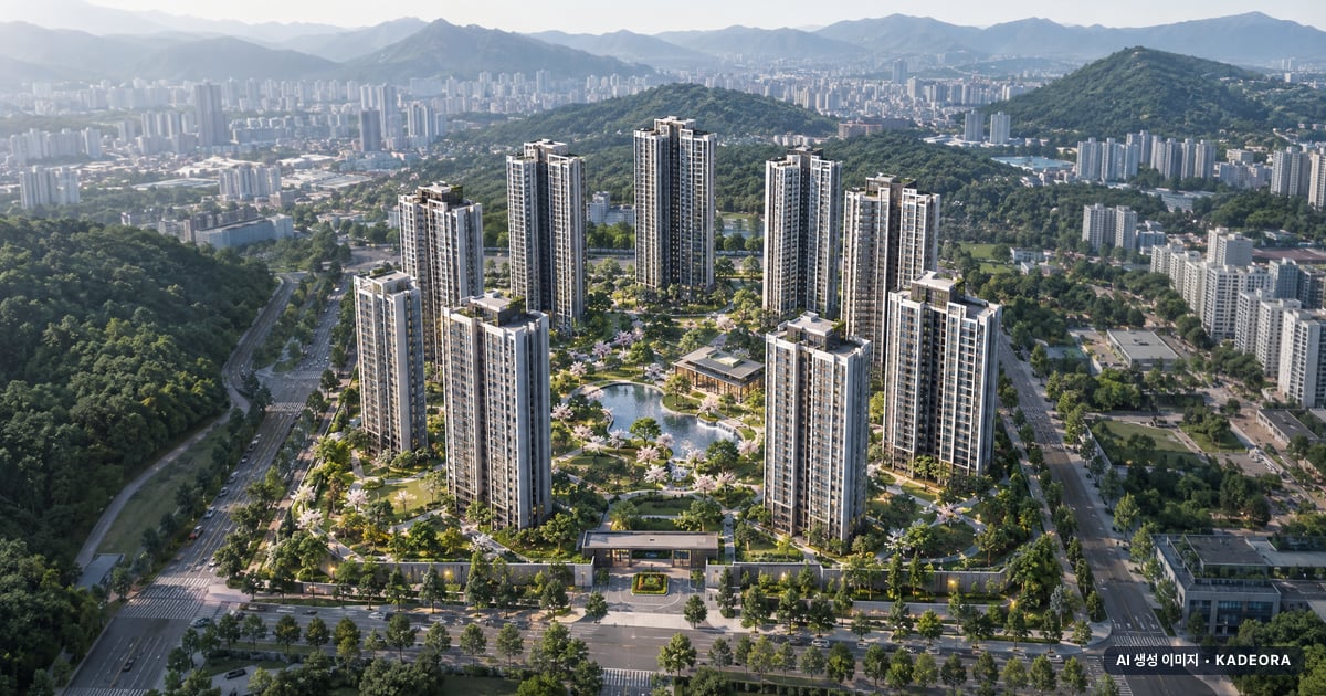 일광 노르웨이숲 오션포레 11개동·최고 29층·총 1,294세대 기준 AI 상상도(주간 항공) — 실제와 다를 수 있음