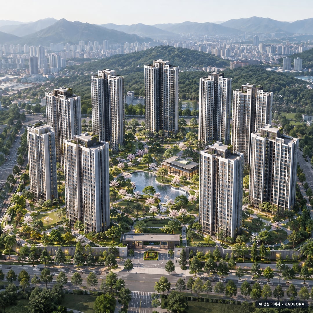 일광 노르웨이숲 오션포레 단지 전경 AI 상상도(주간 항공) — 부산 기장군 착공 1,294세대