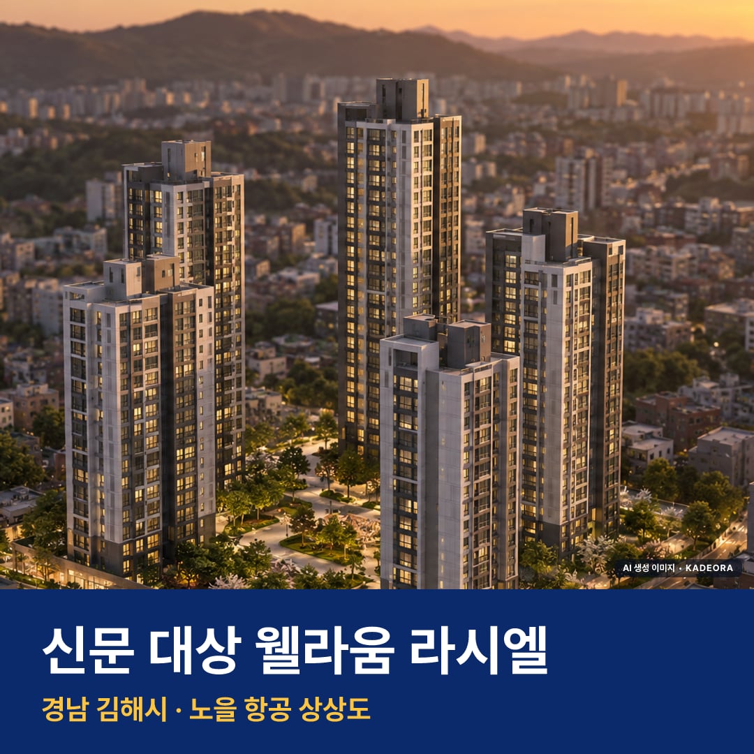 신문 대상 웰라움 라시엘 재개발 신문 대상 웰라움 라시엘 단지 전경 AI 상상도 — 김해시 신문동 375세대 — AI 생성 상상도 · 실제와 다를 수 있음