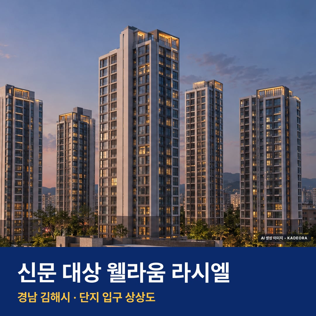신문 대상 웰라움 라시엘 재개발 신문 대상 웰라움 라시엘 단지 전경 AI 상상도 — 김해시 신문동 375세대 — AI 생성 상상도 · 실제와 다를 수 있음